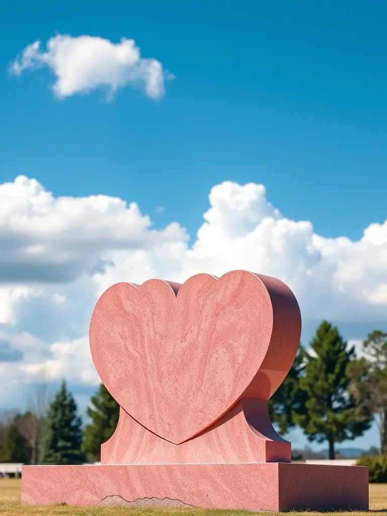 A wide shot of a double heart-shaped monument made of pink granite, set against a clear blue sky.