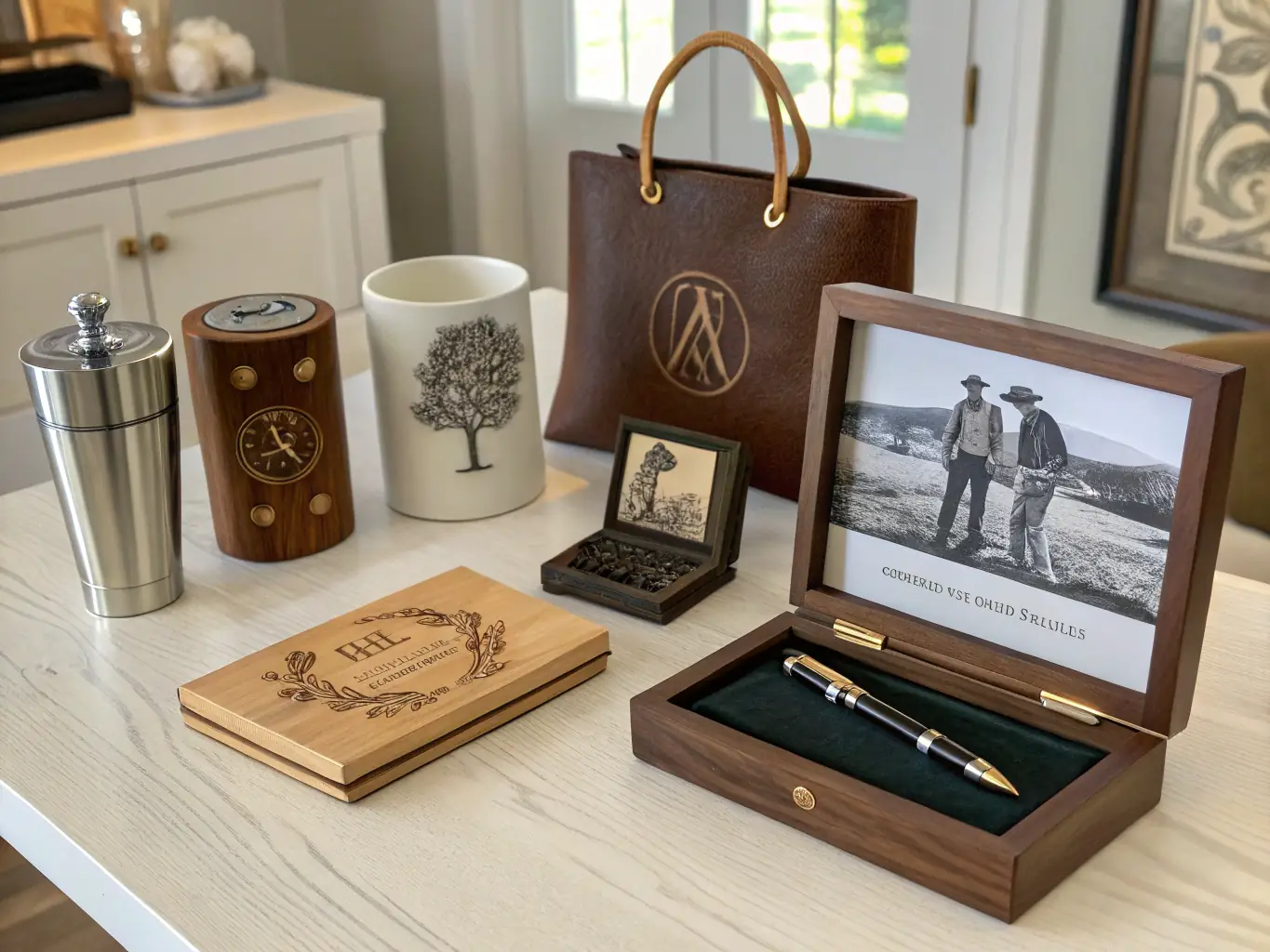 A collection of various memorial products, including vases, plaques, and keepsakes, each uniquely engraved with names, dates, and heartfelt messages.