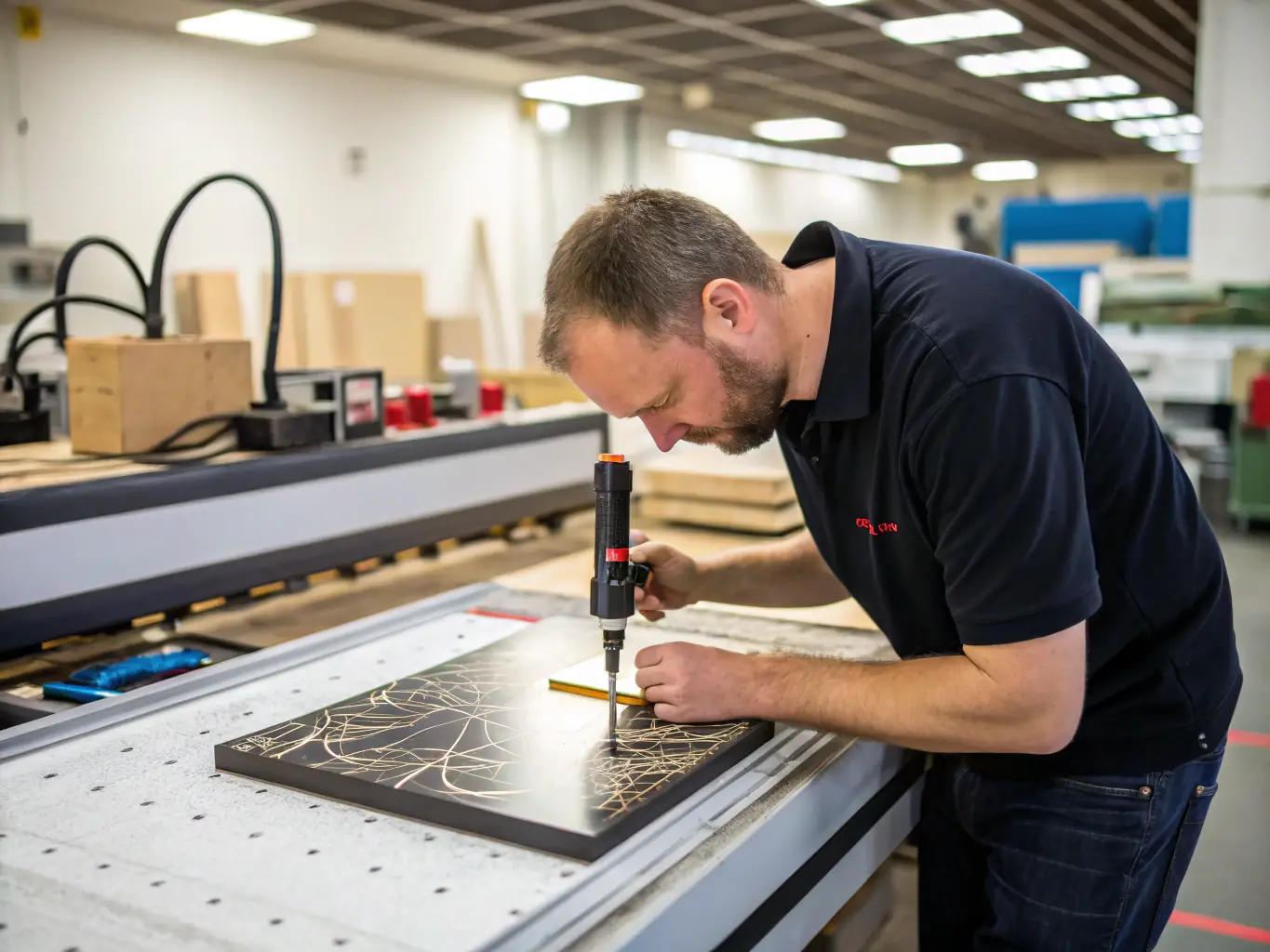 A craftsman carefully inspecting a granite monument in a workshop, ensuring the highest quality standards are met.