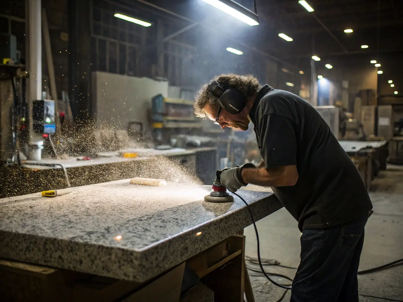 A skilled artisan carefully sandblasting a granite monument with a custom design in a well-lit workshop, showcasing the precision and care involved in the engraving process.