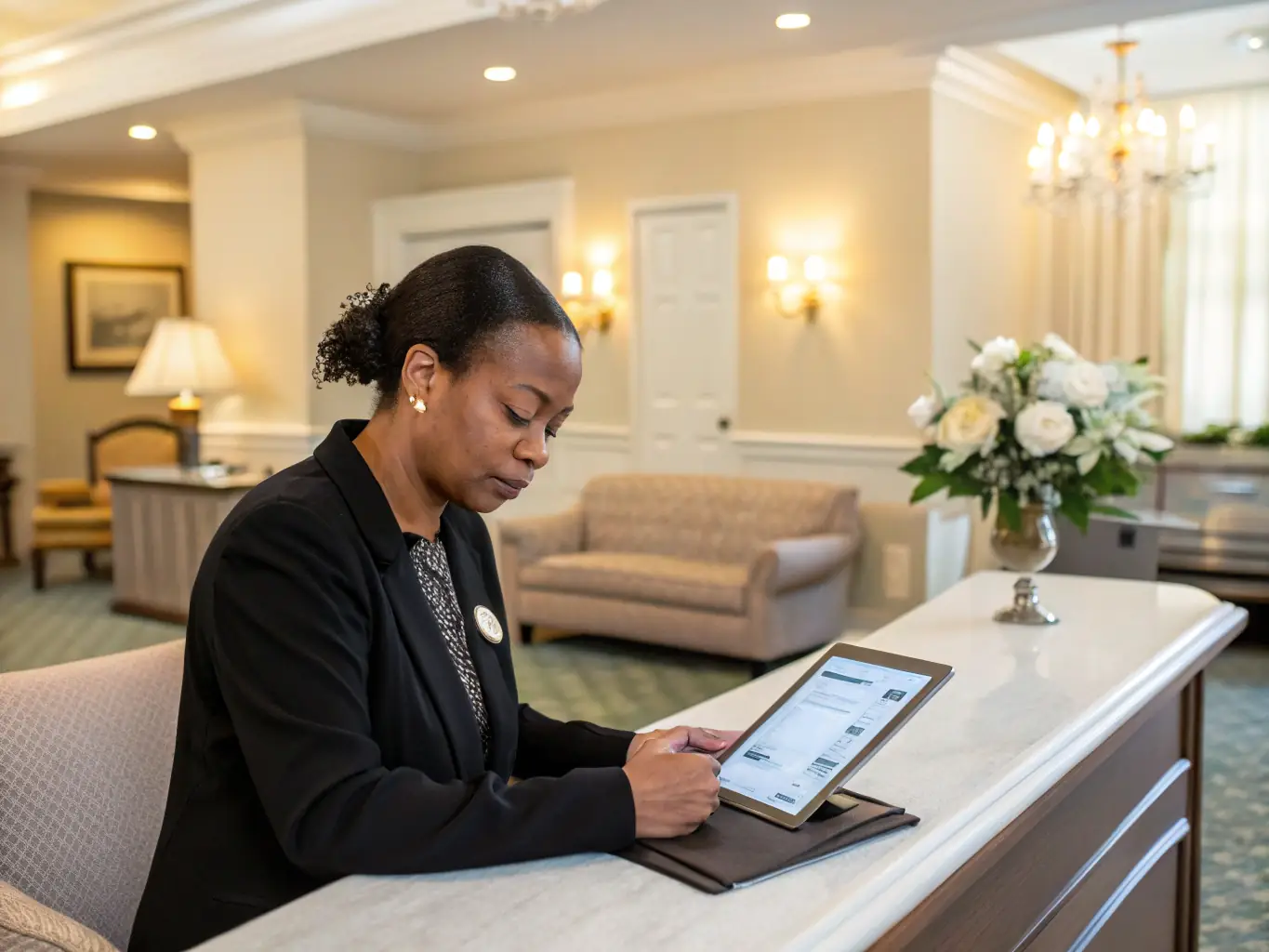 A friendly customer service representative assisting a customer with their memorial design, showcasing personalized service.