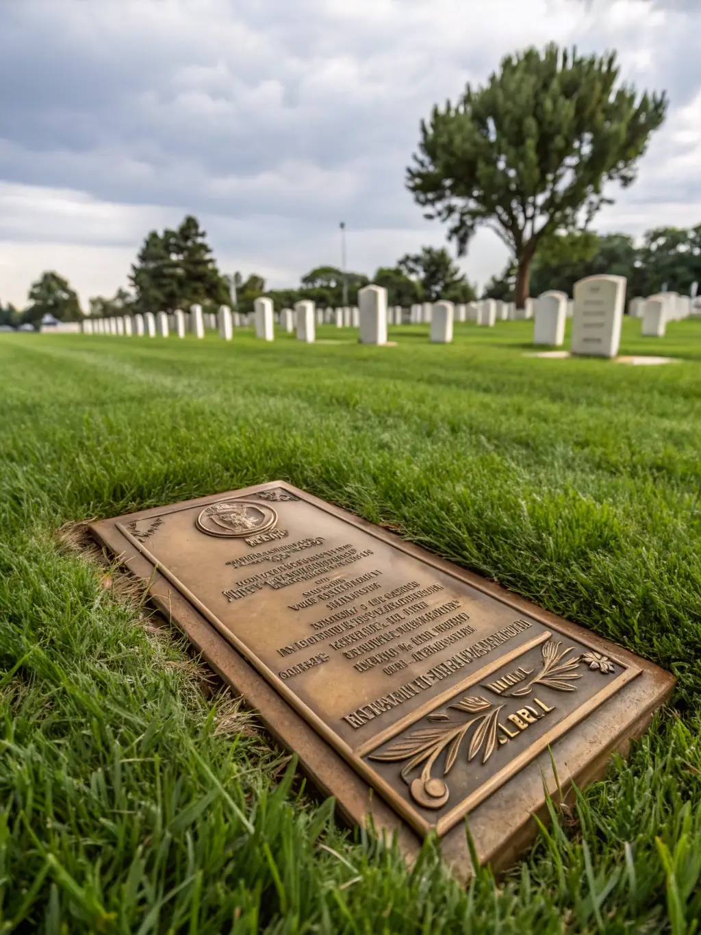 A detailed image of a bronze plaque mounted on a granite base, displaying a custom epitaph and family crest.