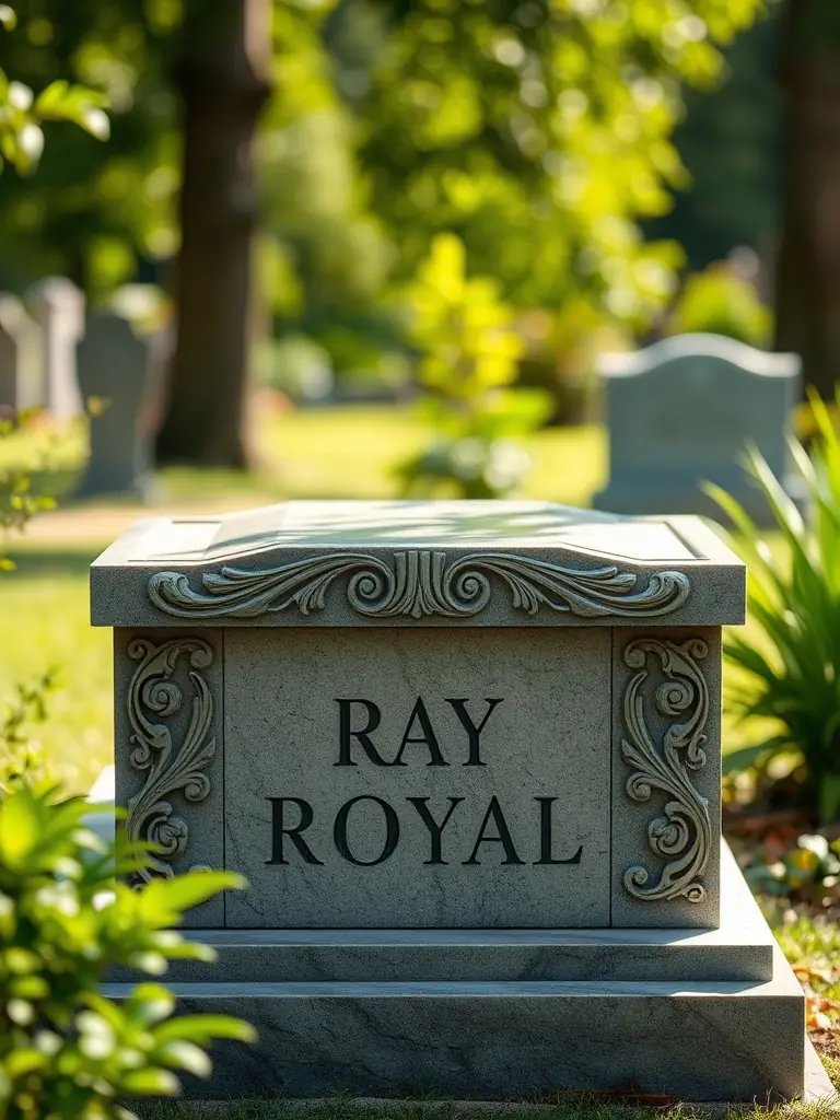 A close-up shot of a polished black granite headstone with intricate floral carvings, showcasing the fine details and craftsmanship.